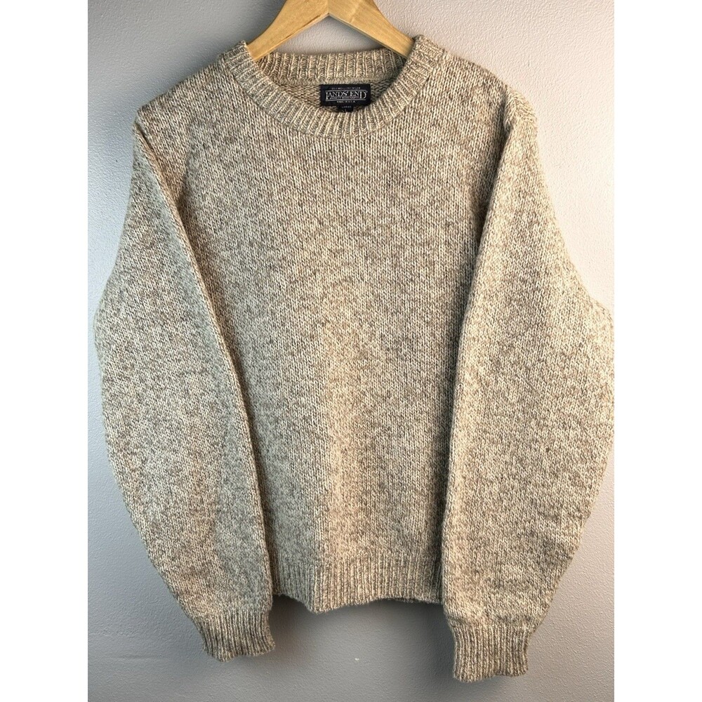 Vtg Lands End Crew Neck Sweater Womens L Tan Wool Blend Made in USA Fisherman